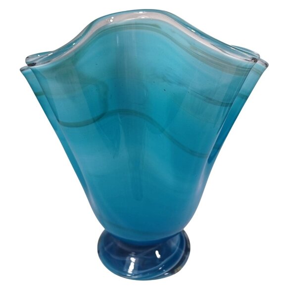 Hand Blown Ocean Waves Blue Art Glass Pedestal Vase Murano Mid Century Decor - Picture 15 of 16